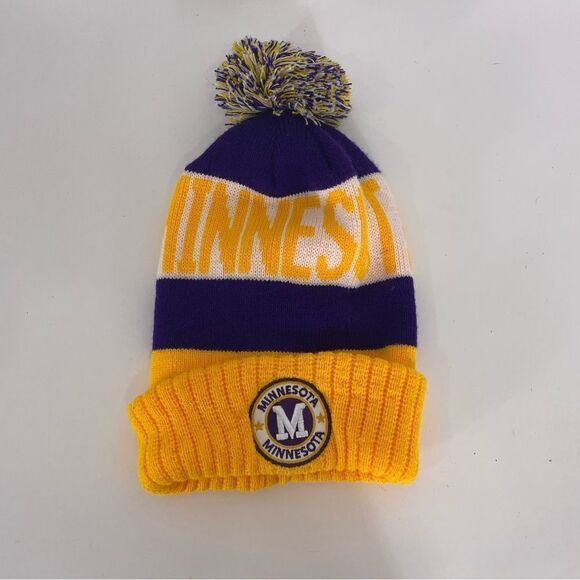 Minnesota Purple and Yellow Pom Pom Winter Cuff Hat - Picture 1 of 4